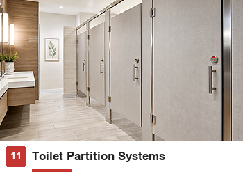 toilet partition systems with stainless steel hinges, indicator locks, support feet, headrails and door handles